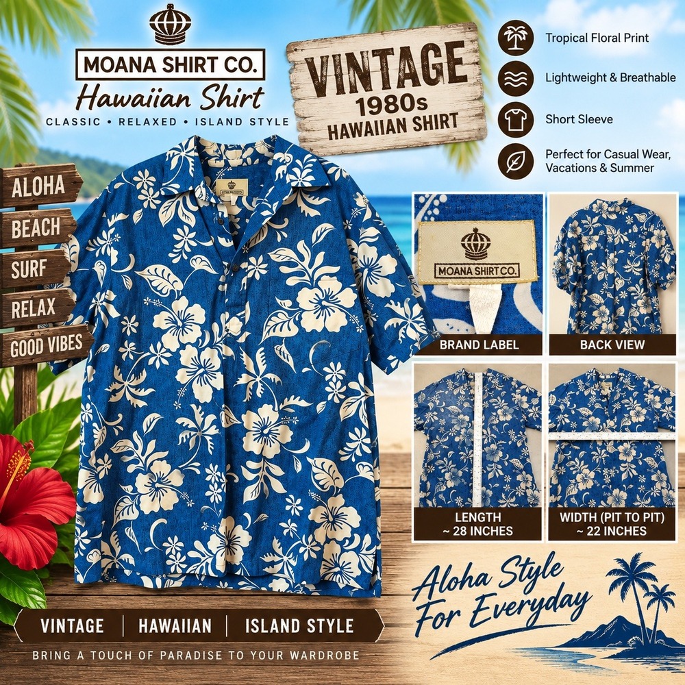 Vintage 80s Moana Shirt Co Hawaiian Shirt Blue White Floral Hibiscus Cotton L
